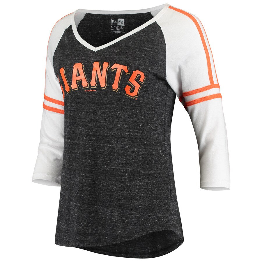 New Era Women San Francisco Giants Raglan Tri-Blend 3/4-Sleeve V-Neck T-Shirt - Heathered Gray product image 1, provided for