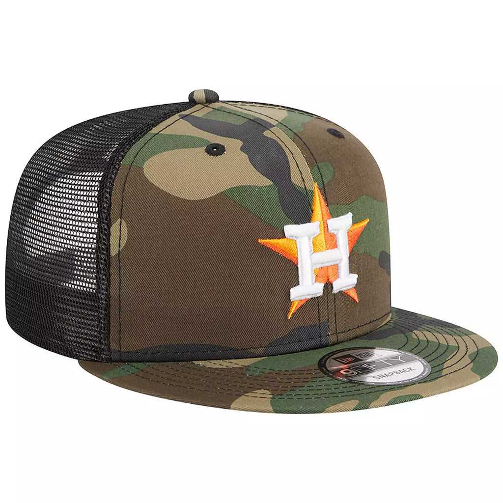 New Era Houston Astros Woodland Trucker 9FIFTY Snapback-Camo/Black product image 1, provided for visual reference and