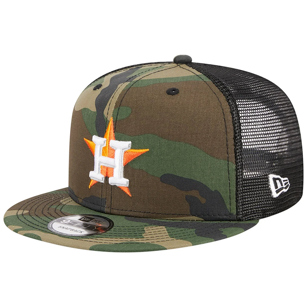 New Era Houston Astros Woodland Trucker 9FIFTY Snapback-Camo/Black product image 2, provided for visual reference and