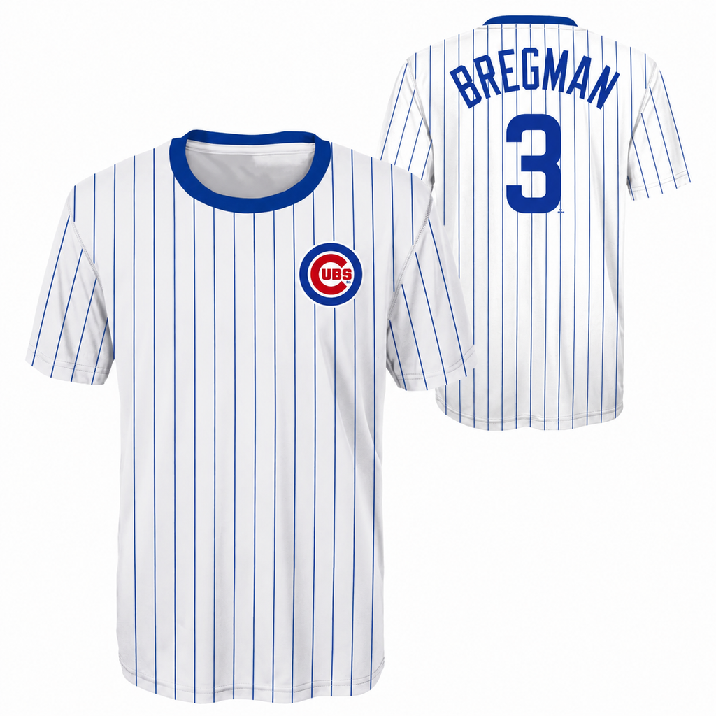 Alex Bregman Chicago Cubs Youth Pinstripe Sublimated T-Shirt product image 1, provided for visual reference and product