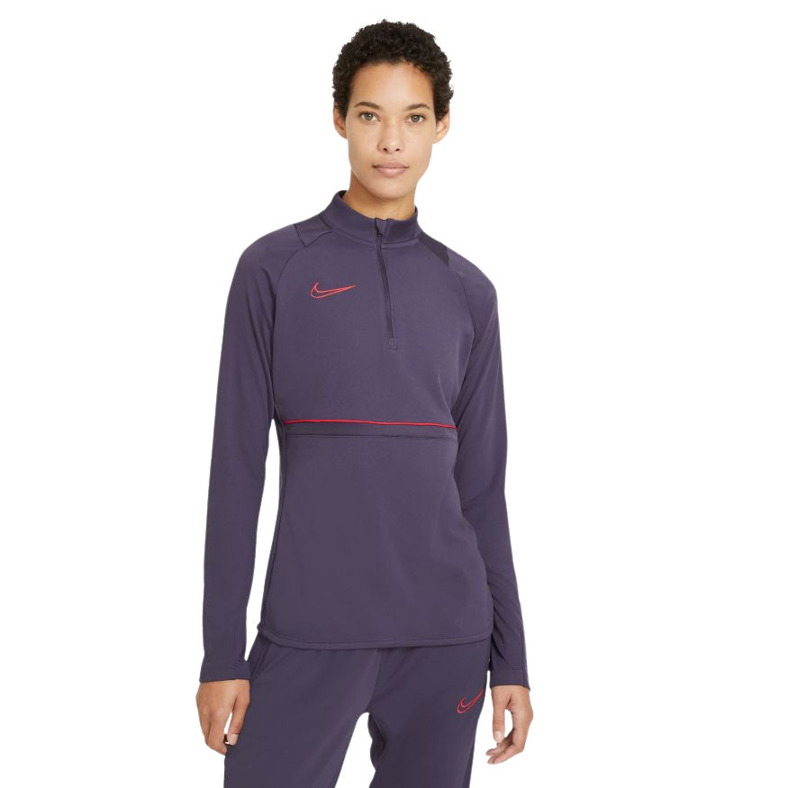 Nike Dri-FIT Academy Women Soccer Drill Top- DARK RAISIN/SIREN RED product image 1, provided for visual reference and
