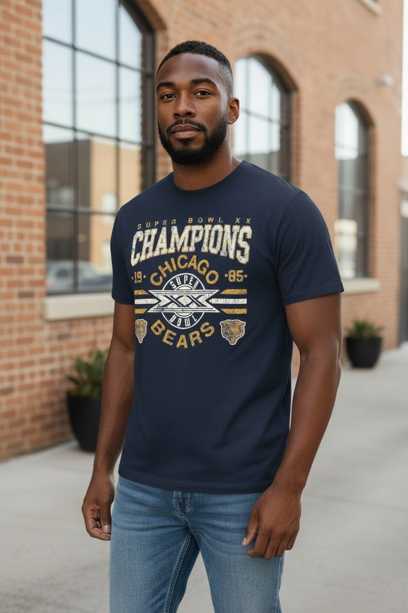 Chicago Bears Fanatics Super Bowl XX Champions Navy T-Shirt product image 1, provided for visual reference and product