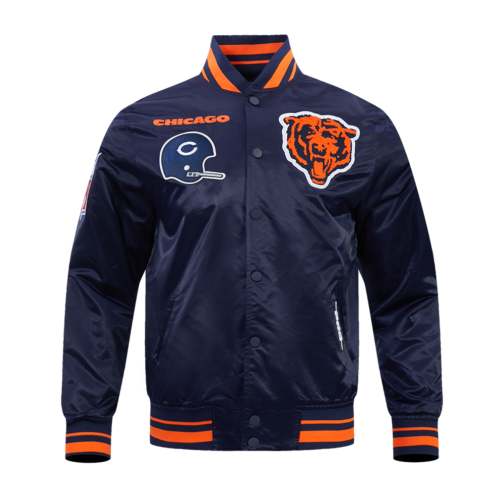 Chicago Bears Pro Standard Navy Satin Retro Classic Jacket product image 1, provided for visual reference and product detail
