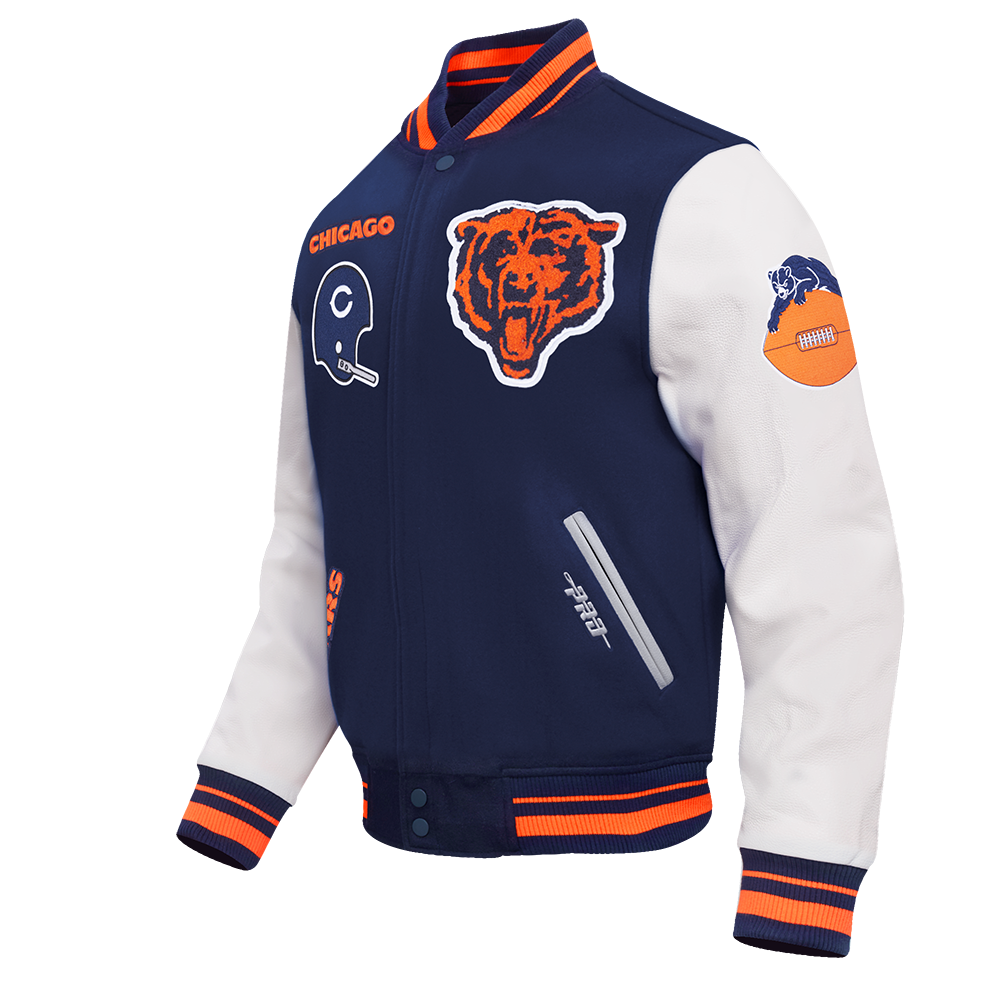 Chicago Bears Pro Standard Navy Varsity Retro Classic Jacket product image 1, provided for visual reference and product