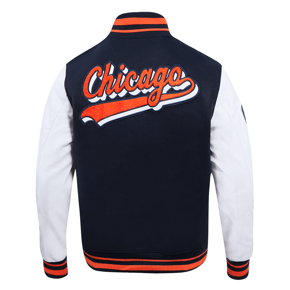 Chicago Bears Pro Standard Script Tail Wool Varsity Jacket product image 2, provided for visual reference and product detail