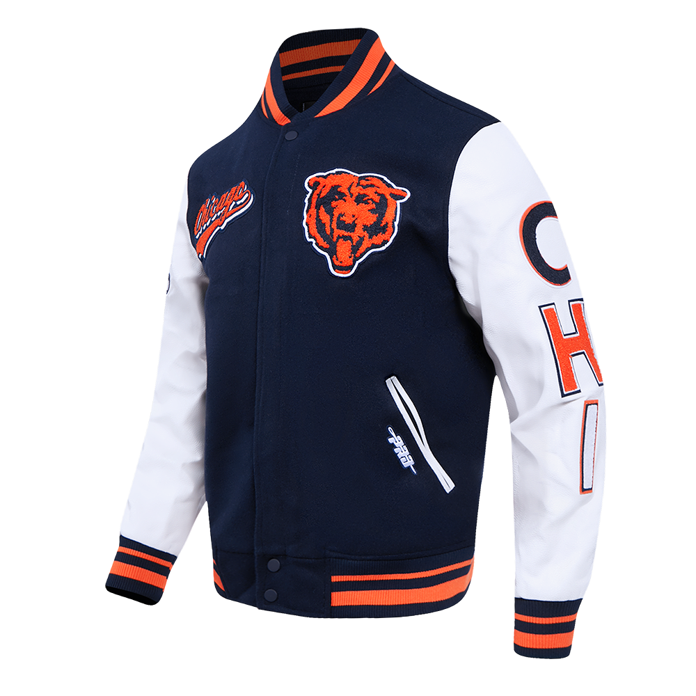 Chicago Bears Pro Standard Script Tail Wool Varsity Jacket product image 3, provided for visual reference and product detail