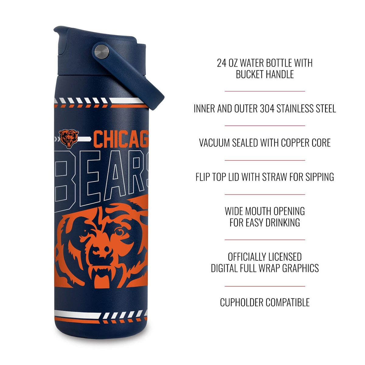 Chicago Bears Rico 22oz. Stainless Steel Water Bottle product image 3, provided for visual reference and product detail