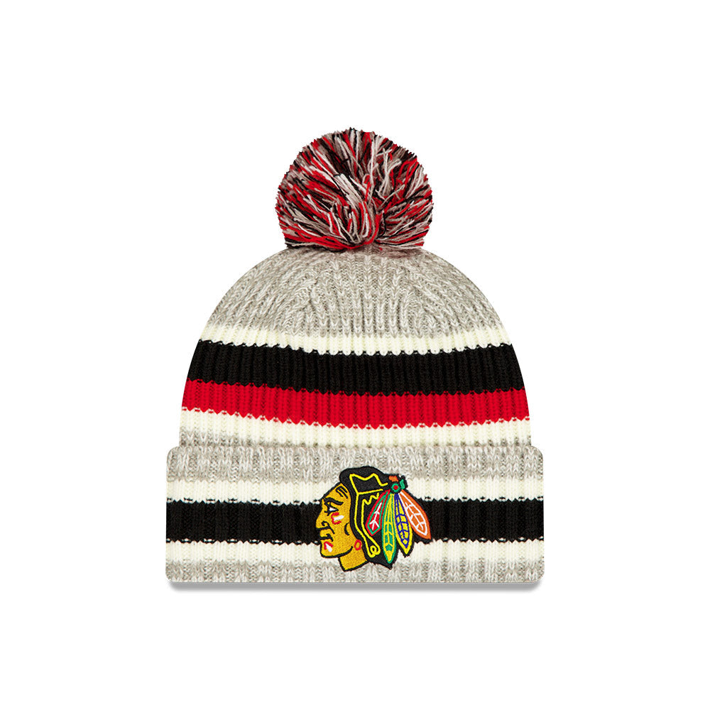 Chicago Blackhawks New Era Primary Logo Striped Knit Beanie product image 1, provided for visual reference and product