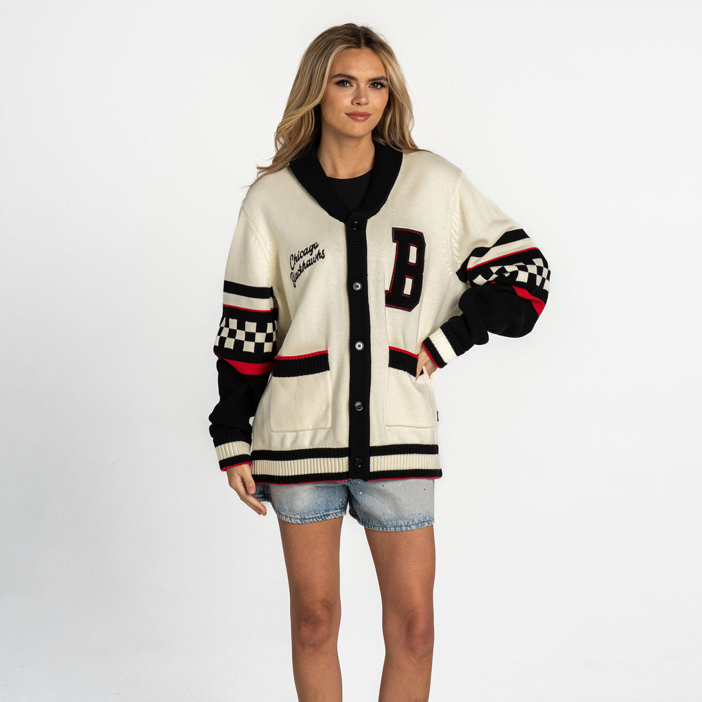 Chicago Blackhawks The Wild Collective Cream/Black Jacquard Full-Button Sweater product image 1, provided for visual