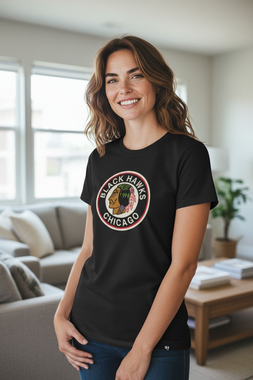 Chicago Blackhawks '47 Women Black 1837 Frankie T-Shirt product image 1, provided for visual reference and product detail
