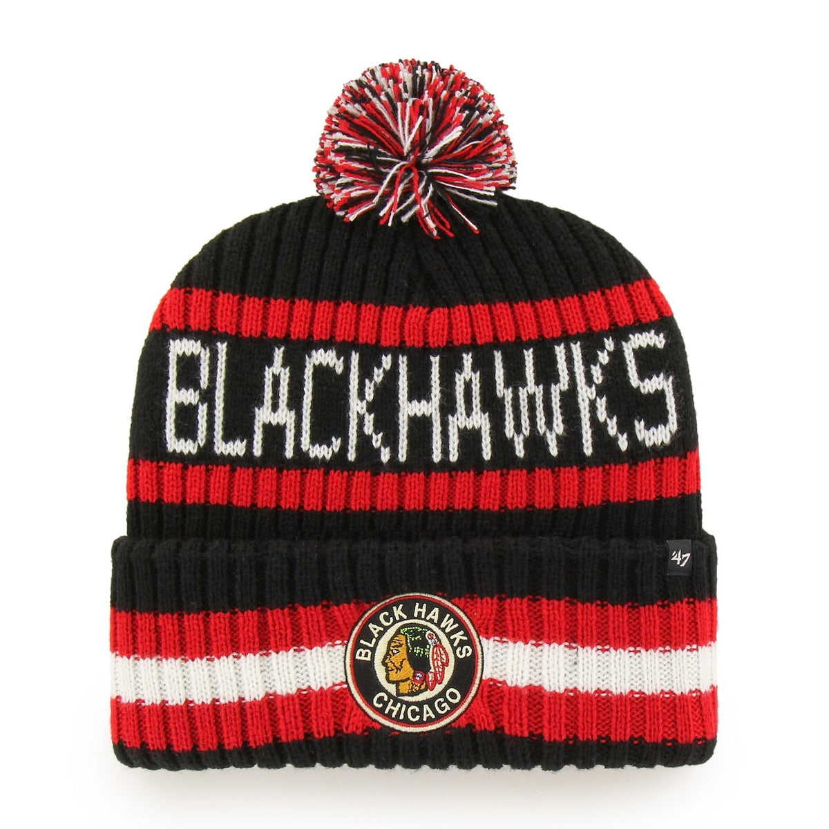 Chicago Blackhawks '47 Bering Black Cuffed Knit Hat product image 1, provided for visual reference and product detail review