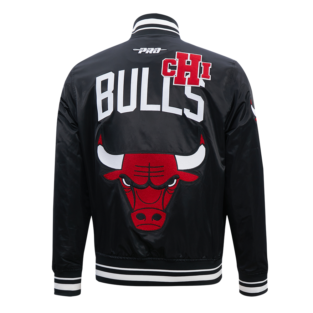 Chicago Bulls Pro Standard Black Satin Letterman Jacket product image 2, provided for visual reference and product detail