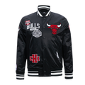 Chicago Bulls Pro Standard Black Satin Letterman Jacket product image 1, provided for visual reference and product detail