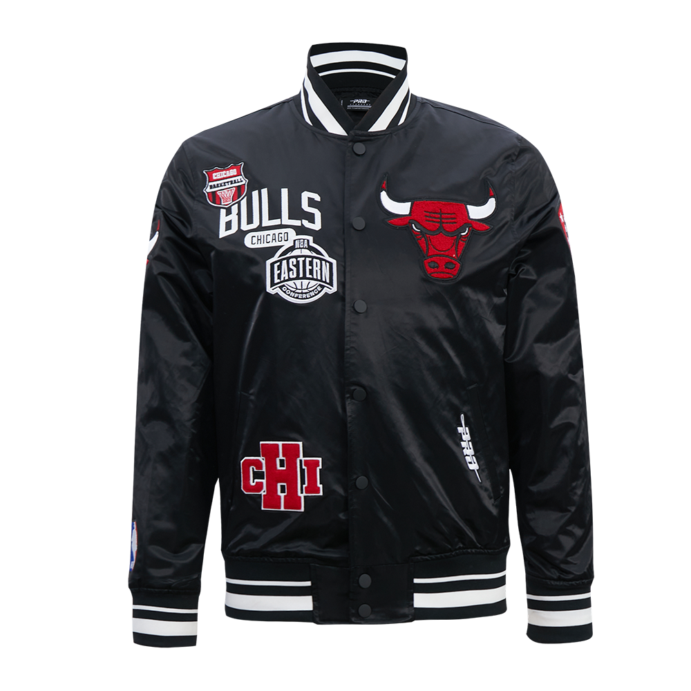 Chicago Bulls Pro Standard Black Satin Letterman Jacket product image 1, provided for visual reference and product detail