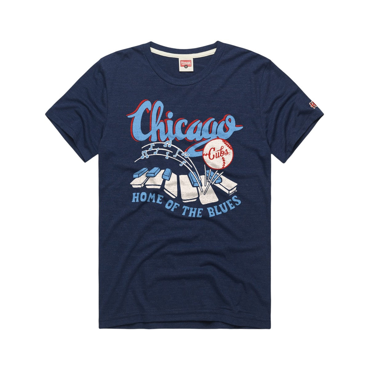 Chicago Cubs Homage Home of the Blues Navy T-Shirt product image 1, provided for visual reference and product detail review