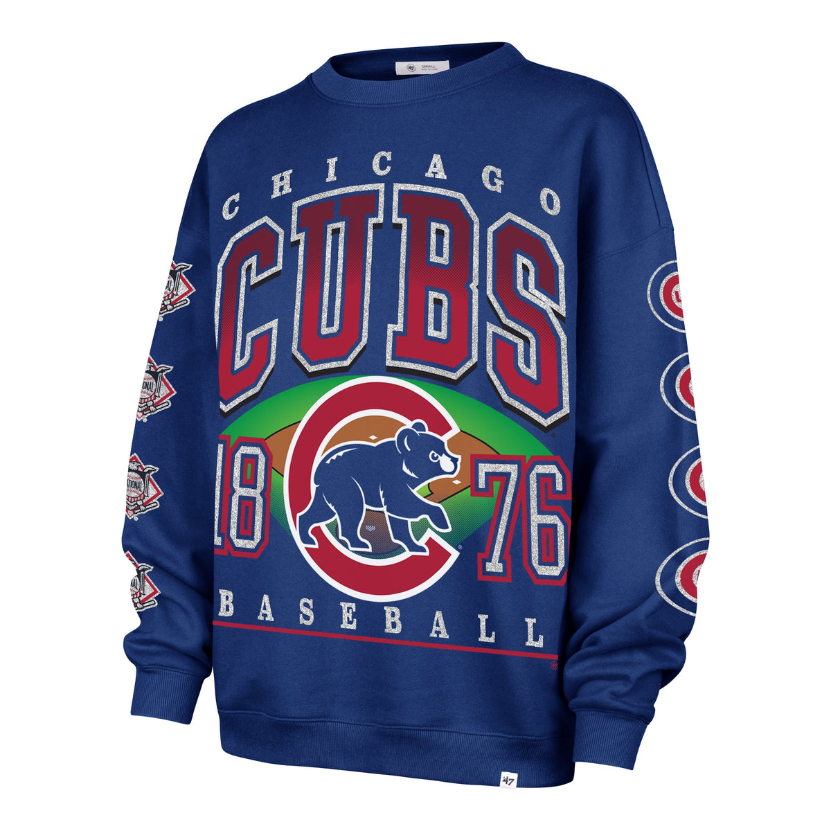 Chicago Cubs Ladies Royal Go Big Oversized '47 Crewneck Sweatshirt product image 1, provided for visual reference and