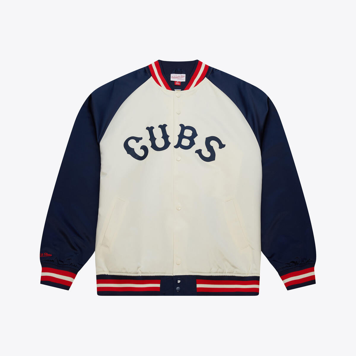 Chicago Cubs Mitchell & ness Double Clutch Satin Jacket product image 1, provided for visual reference and product detail