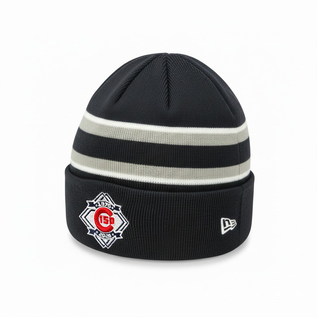 Chicago Cubs New Era Navy/Gray/White 150th Anniversary Cuffed Knit Beanie product image 1, provided for visual reference and