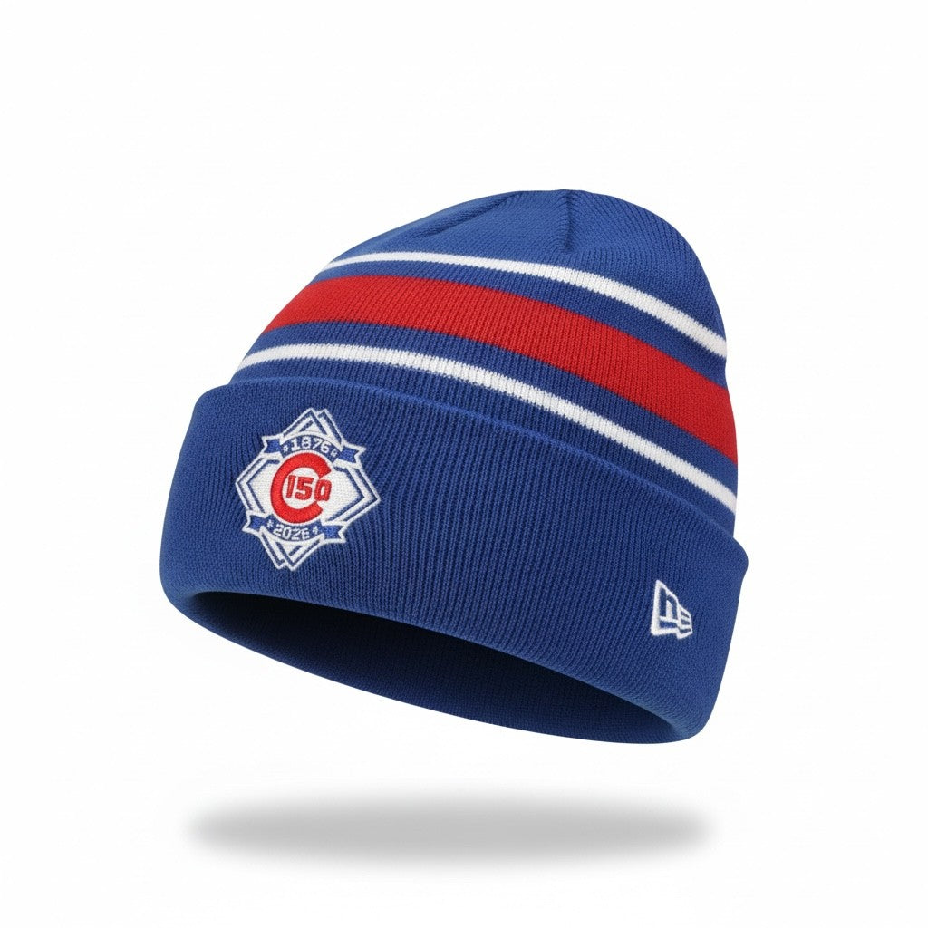 Chicago Cubs New Era Royal/Red/White 150th Anniversary Cuffed Knit Beanie product image 1, provided for visual reference and
