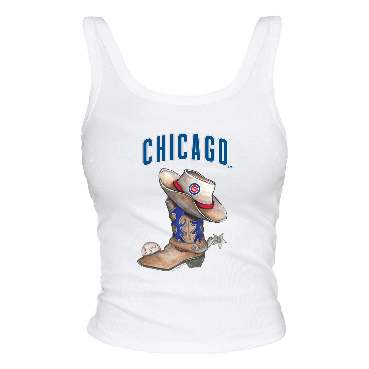 Chicago Cubs Tiny Turnip Women’s White Cowboy Boot Tank Top product image 1, provided for visual reference and product