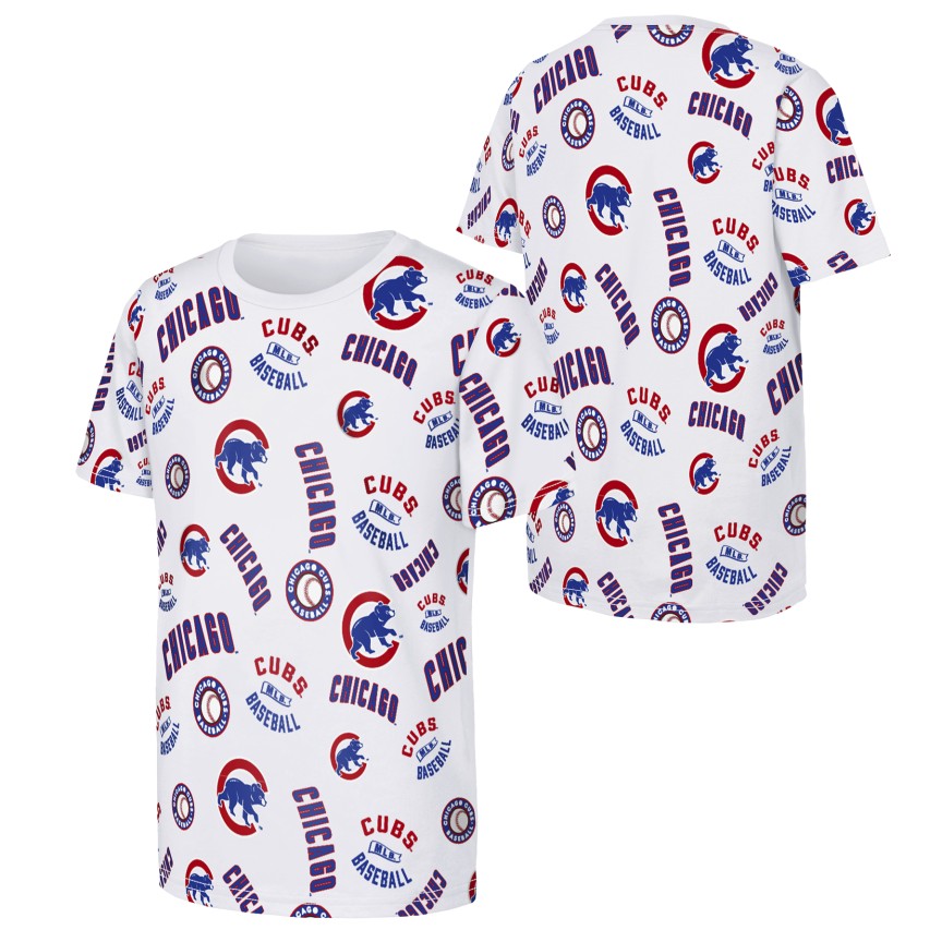 Chicago Cubs Youth All Over Run Down White T-Shirt product image 1, provided for visual reference and product detail review