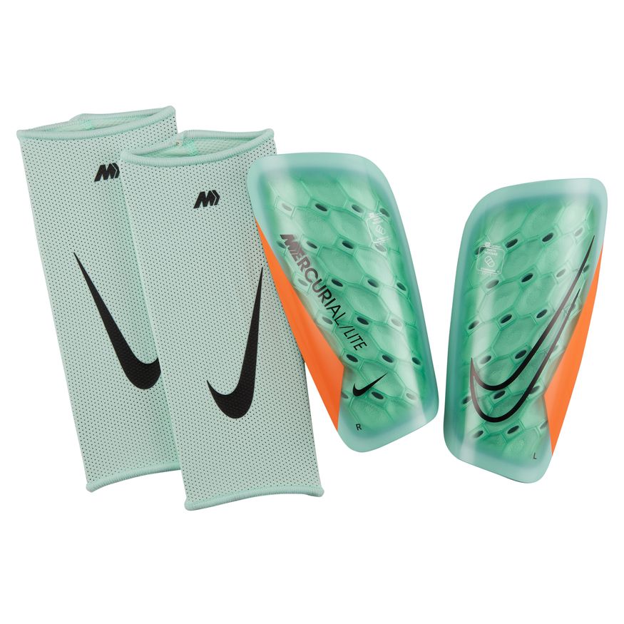 Nike Mercurial Lite Soccer Shin Guards-MINT FOAM/TOTAL ORANGE/BLACK product image 1, provided for visual reference and