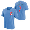 Dansby Swanson Chicago Cubs Alt 2 Baby Blue Youth Player T-Shirt product image 1, provided for visual reference and product