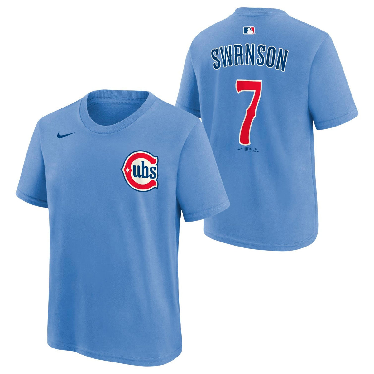 Dansby Swanson Chicago Cubs Alt 2 Baby Blue Youth Player T-Shirt product image 1, provided for visual reference and product