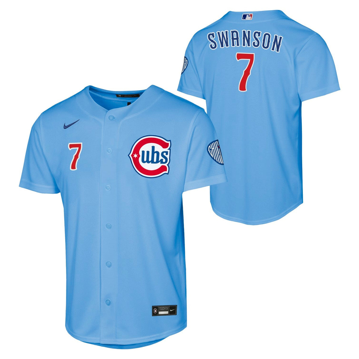 Dansby Swanson Chicago Cubs Nike Youth Alt 2 Baby Blue Jersey product image 1, provided for visual reference and product