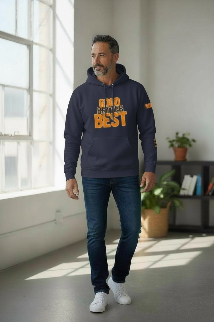 David Kaplan GOOD BETTER BEST Navy REKAP Hoodie product image 1, provided for visual reference and product detail review