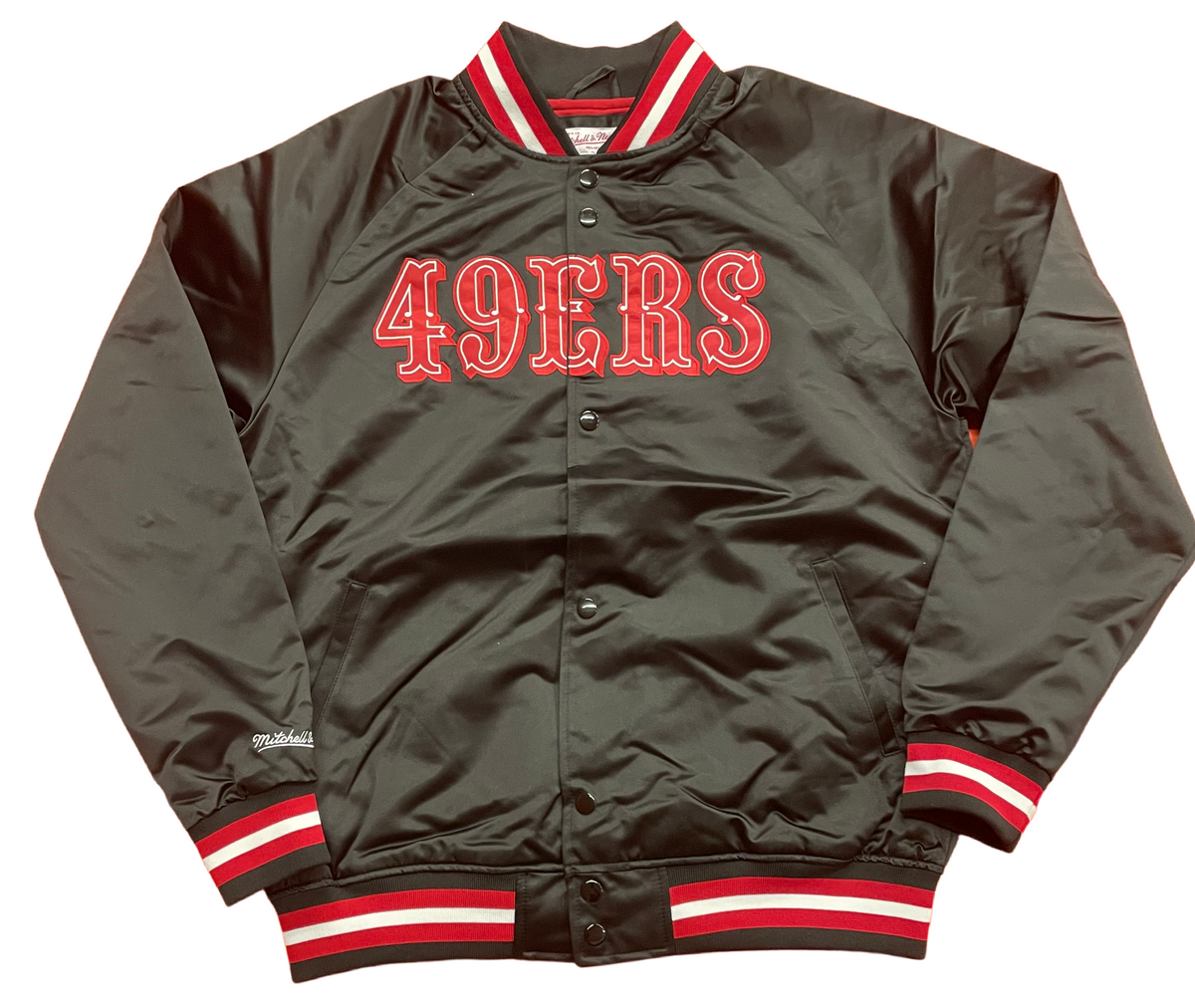 Mitchell & Ness San Francisco 49ers Lightweight Satin Jacket-Black/Red product image 1, provided for visual reference and