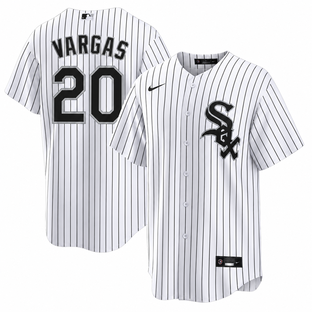Miguel Vargas Chicago White Sox Nike Men Home White Pinstripe Jersey product image 1, provided for visual reference and