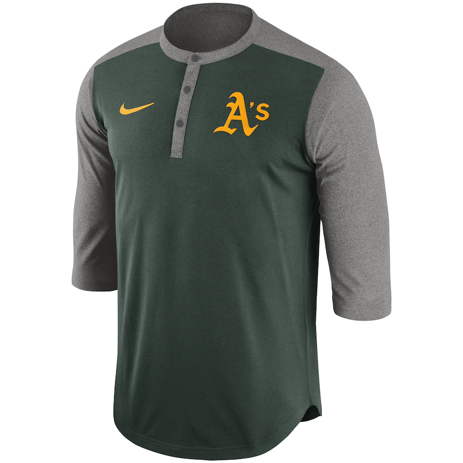Nike Oakland Athletics Dry Henley 3/4-Sleeve Performance T-Shirt - Green product image 1, provided for visual reference and