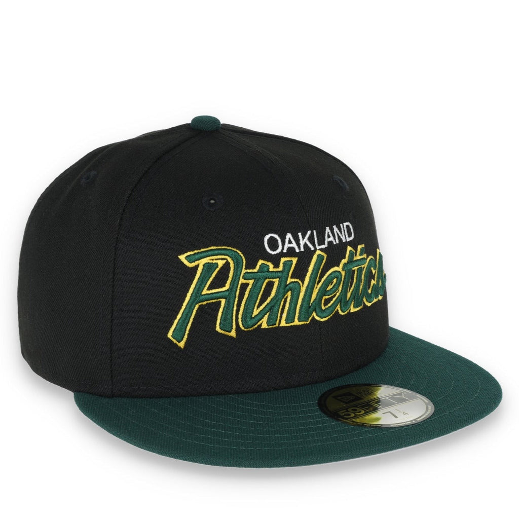New Era 59Fifty Oakland Athletics SCRIPT CAP- BLK/GRN product image 1, provided for visual reference and product detail