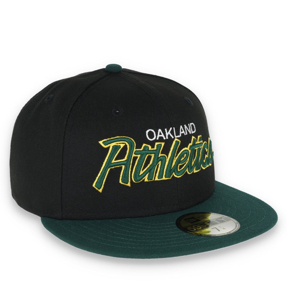 New Era 59Fifty Oakland Athletics SCRIPT CAP- BLK/GRN product image 1, provided for visual reference and product detail
