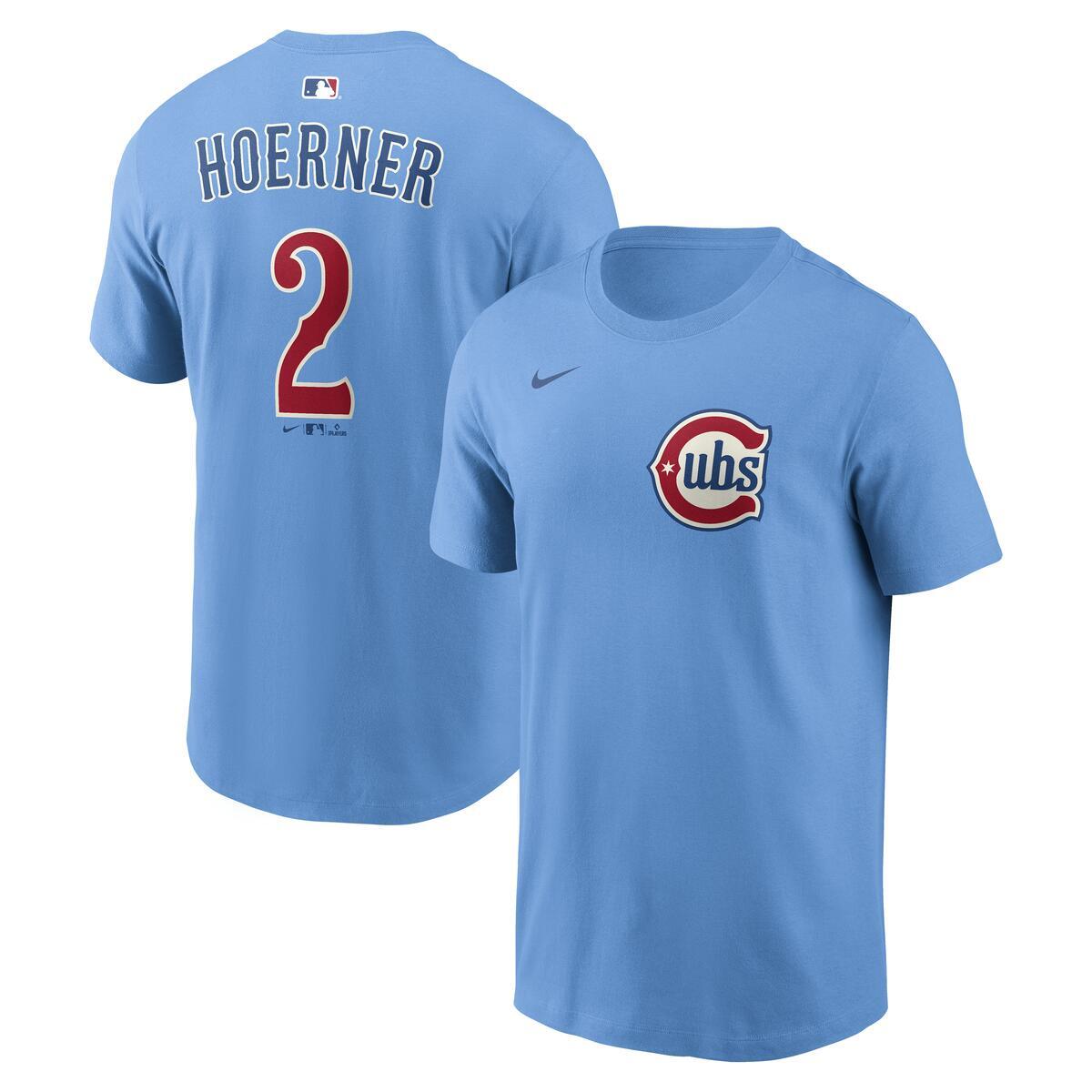 Nico Hoerner Chicago Cubs Alt 2 Baby Blue Nike Player T-Shirt product image 1, provided for visual reference and product