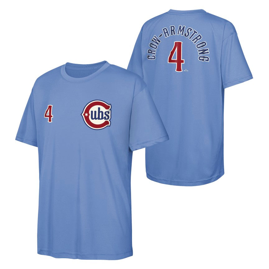 Pete Crow-Armstrong Chicago Cubs Alt 2 Blues Sublimated Youth T-Shirt product image 1, provided for visual reference and