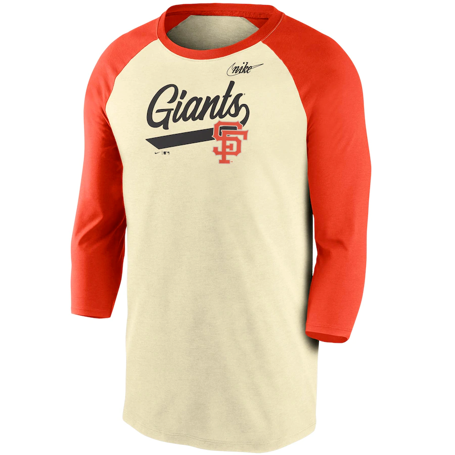 Nike San Francisco Giants Cooperstown Collection Script Tri-Blend 3/4 Sleeve Raglan T-Shirt–Cream/Orange product image 1,