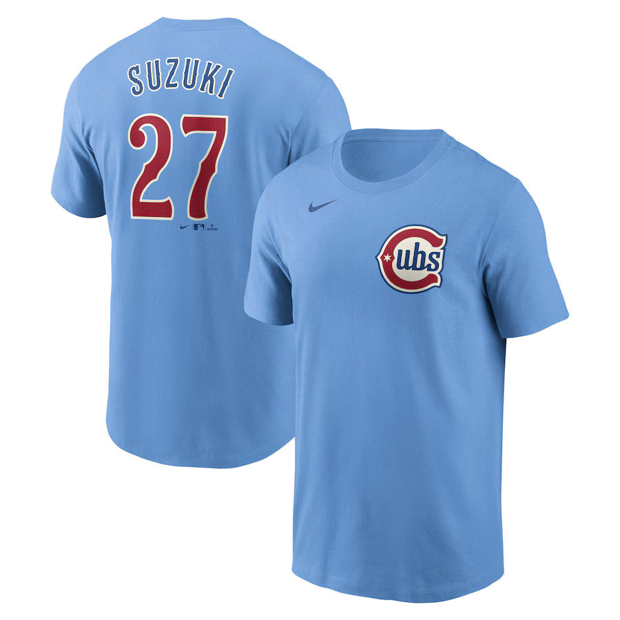 Seiya Suzuki Chicago Cubs Nike Alt Blues Name and Number T-Shirt product image 1, provided for visual reference and product