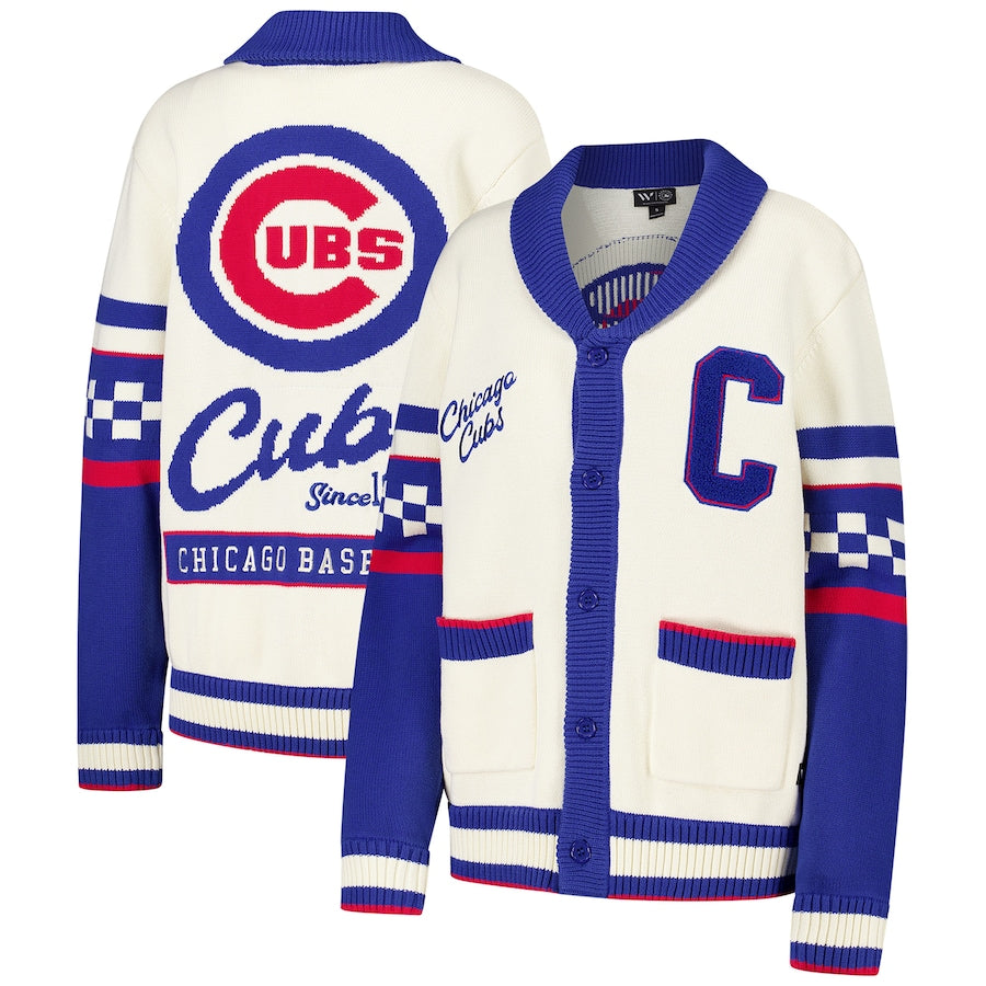 The Wild Collective Cream Chicago Cubs Jacquard Full-Button Sweater for Women product image 1, provided for visual reference