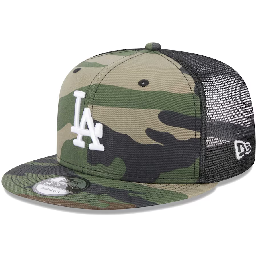 New Era Los Angeles Dodgers Woodland Trucker 9FIFTY Snapback Hat-Camo/Black product image 2, provided for visual reference