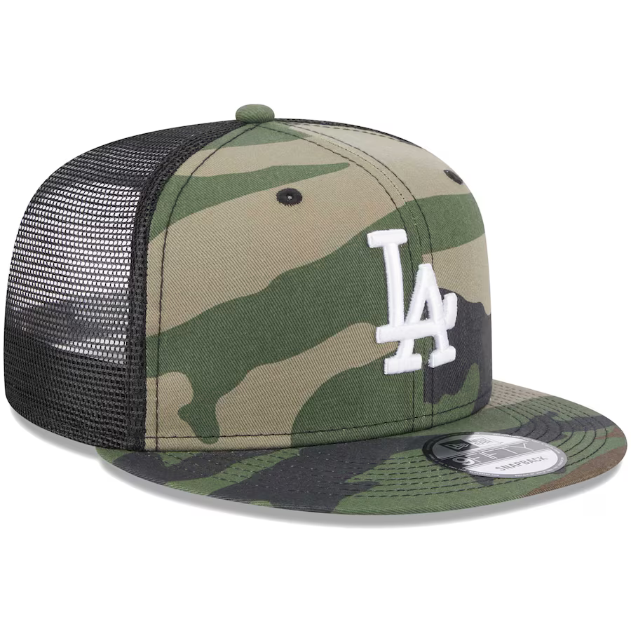 New Era Los Angeles Dodgers Woodland Trucker 9FIFTY Snapback Hat-Camo/Black product image 1, provided for visual reference