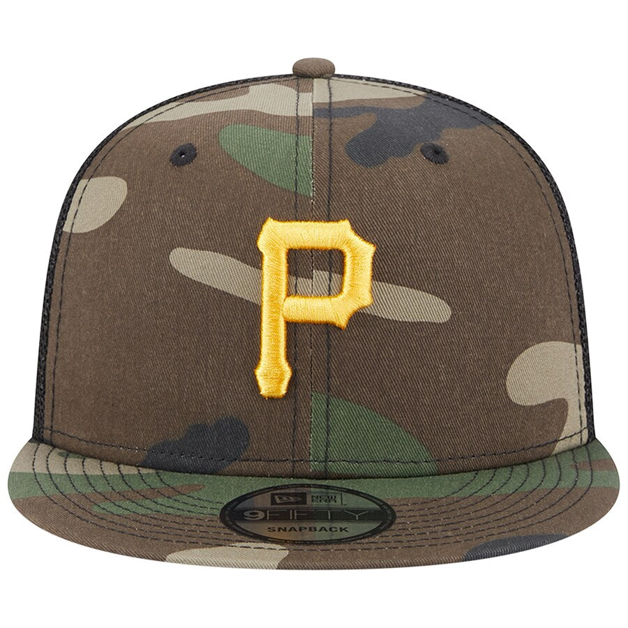 New Era Pittsburgh Pirates Woodland 9FIFTY Trucker Snapback Hat-Camo product image 2, provided for visual reference and