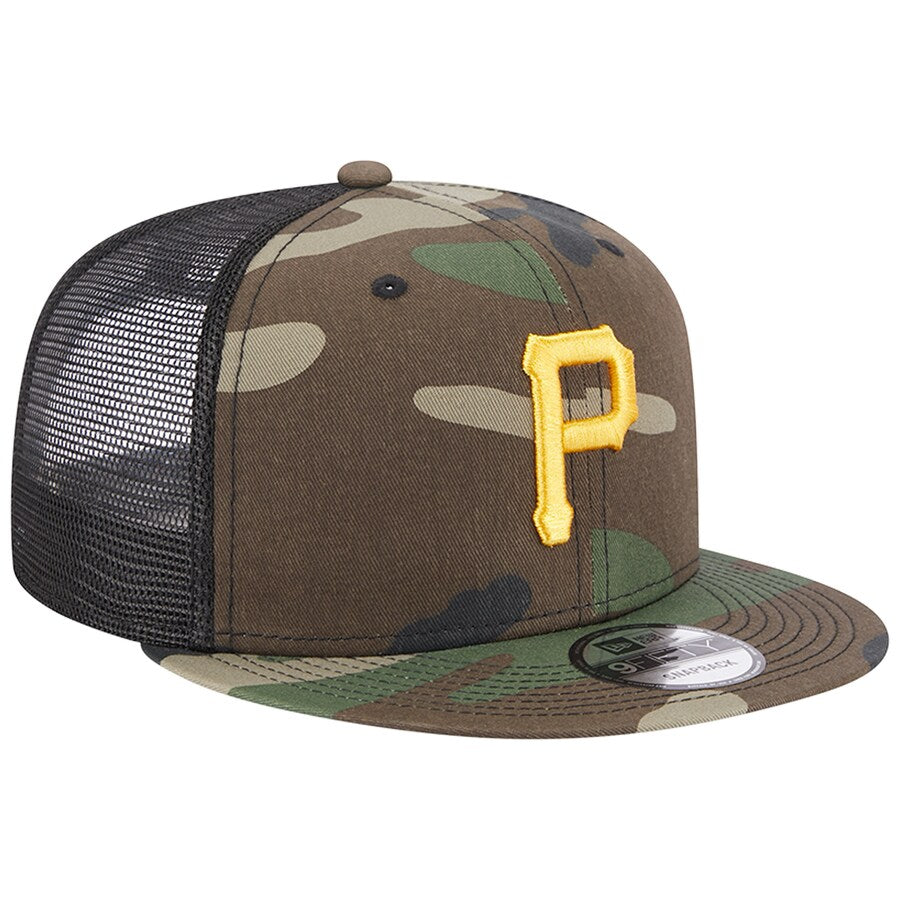 New Era Pittsburgh Pirates Woodland 9FIFTY Trucker Snapback Hat-Camo product image 1, provided for visual reference and