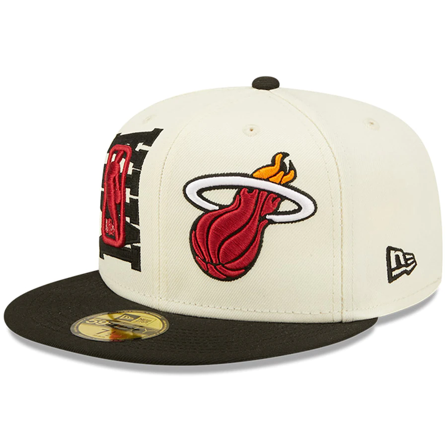 Miami Heat New Era 2022 NBA Draft 59FIFTY Fitted Hat - Cream/Black product image 1, provided for visual reference and