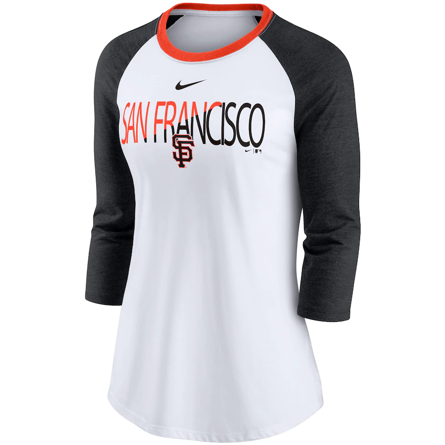 Nike San Francisco Giants Women Color Split Tri-Blend 3/4-Sleeve Raglan T-Shirt - White/Heathered Black product image 1,