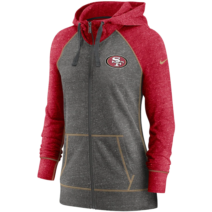 Nike Women San Francisco 49ers Gym Vintage Raglan Full-Zip Hoodie – Heathered Charcoal/Scarlet product image 1, provided for