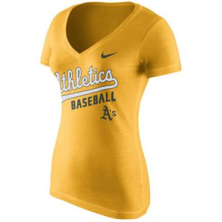 Nike Women Oakland Athletics Wordmark Colorblock V-Neck T-Shirt-Yellow/Green product image 1, provided for visual reference